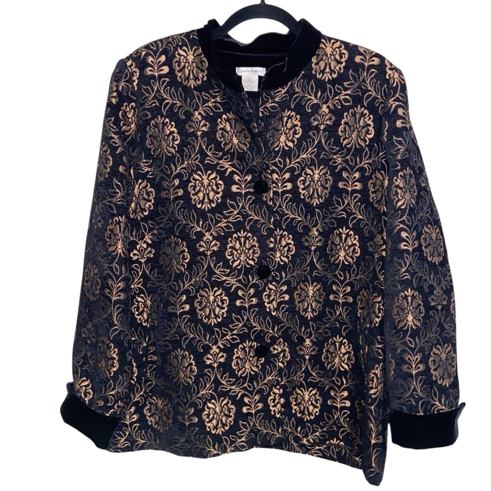 Laura Ashley Jacket Womens Large Tapestry Brocade Floral Velvet Trim Artsy
